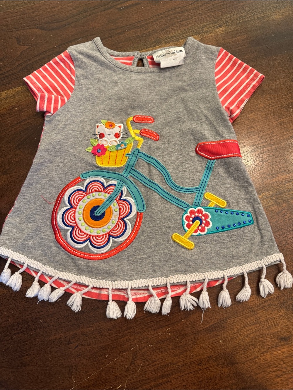 Rare Editions Gray Tee with Colorful Bicycle Appliqué and Pink Stripe Sleeves